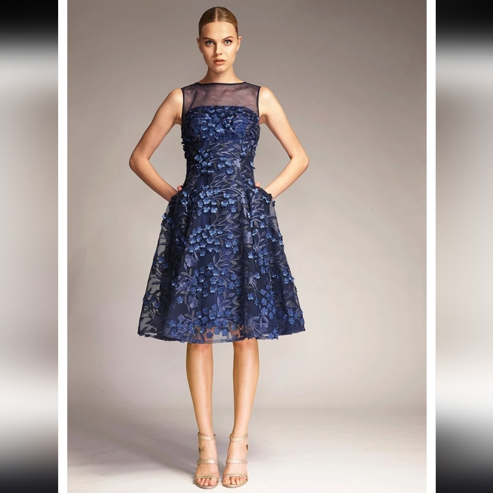 Park108 Size 12 Navy Blue 3D Floral Applique Tulle Cocktail Dress